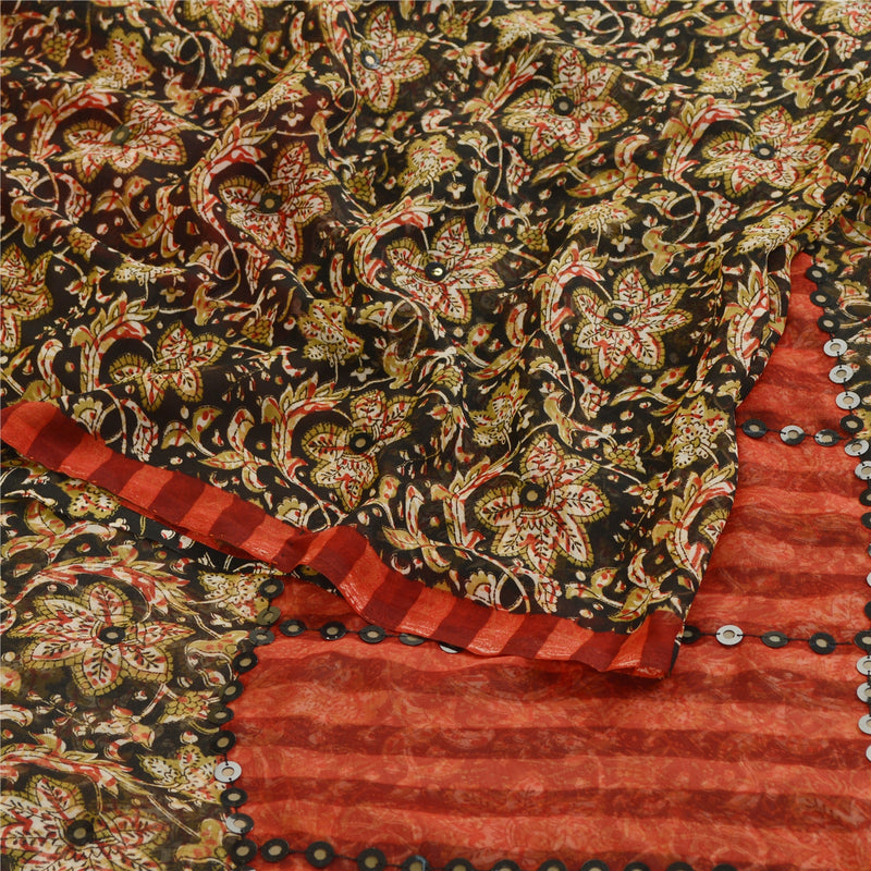 Sanskriti Vintage Sarees Black Printed Georgette Sari 5yd Floral Craft Sustainable Fabric