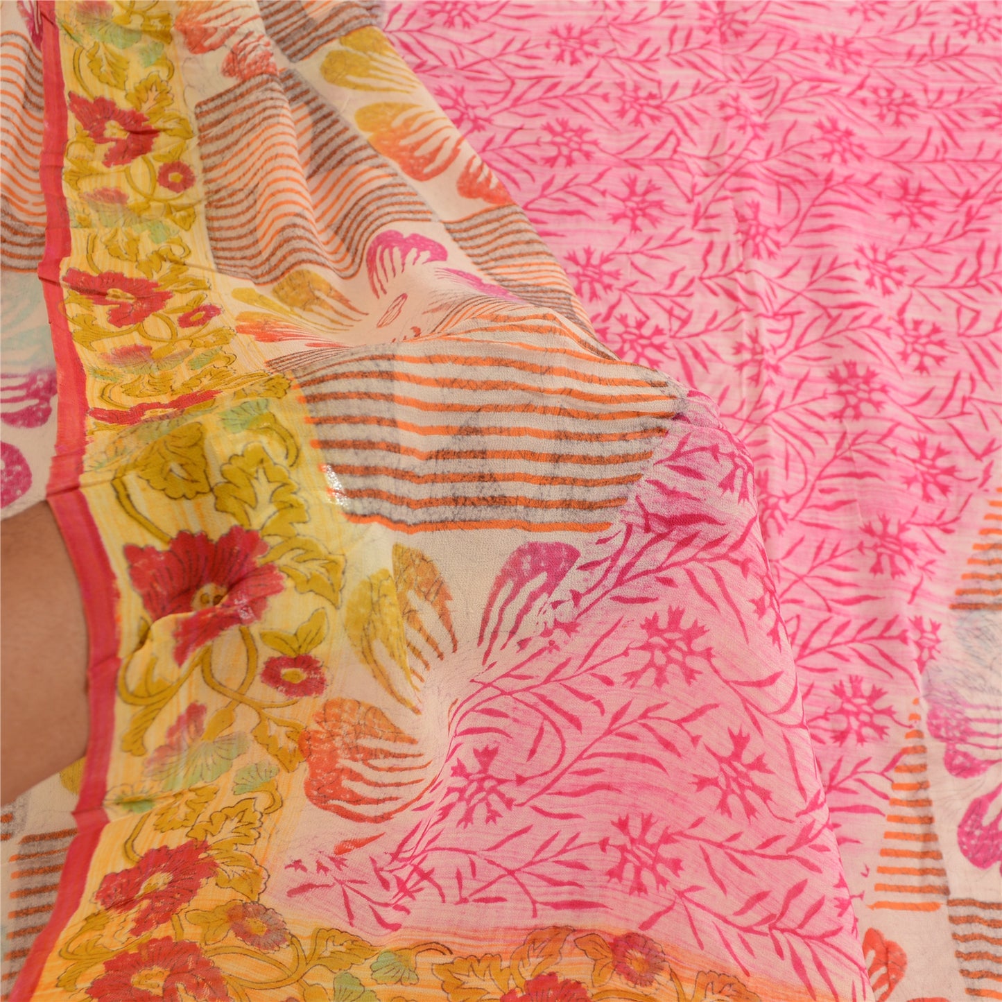 Санскрити Винтаж Сари Розовый Индийский Смесь Жоржет Печатный Сари Ремесло Экологичная Ткань