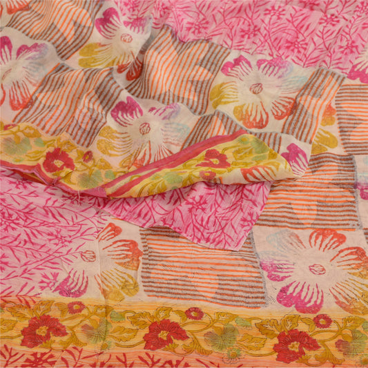 Санскрити Винтаж Сари Розовый Индийский Смесь Жоржет Печатный Сари Ремесло Экологичная Ткань