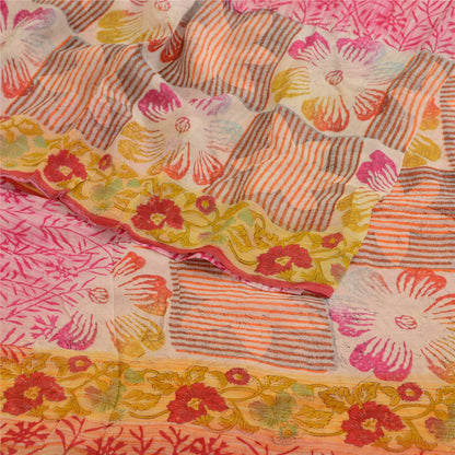 Санскрити Винтаж Сари Розовый Индийский Смесь Жоржет Печатный Сари Ремесло Экологичная Ткань