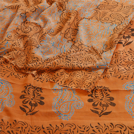 Sanskriti Vintage Sarees Block Printed Orange Pure Georgette Silk Sari Sustainable Fabric