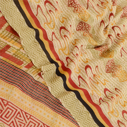 Sanskriti Vintage Sarees Cream Pure Georgette Silk Printed Sari 5yd Craft Sustainable Fabric