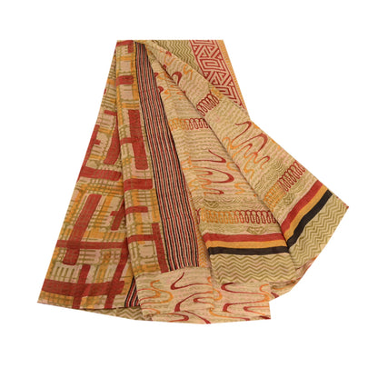 Sanskriti Vintage Sarees Cream Pure Georgette Silk Printed Sari 5yd Craft Sustainable Fabric
