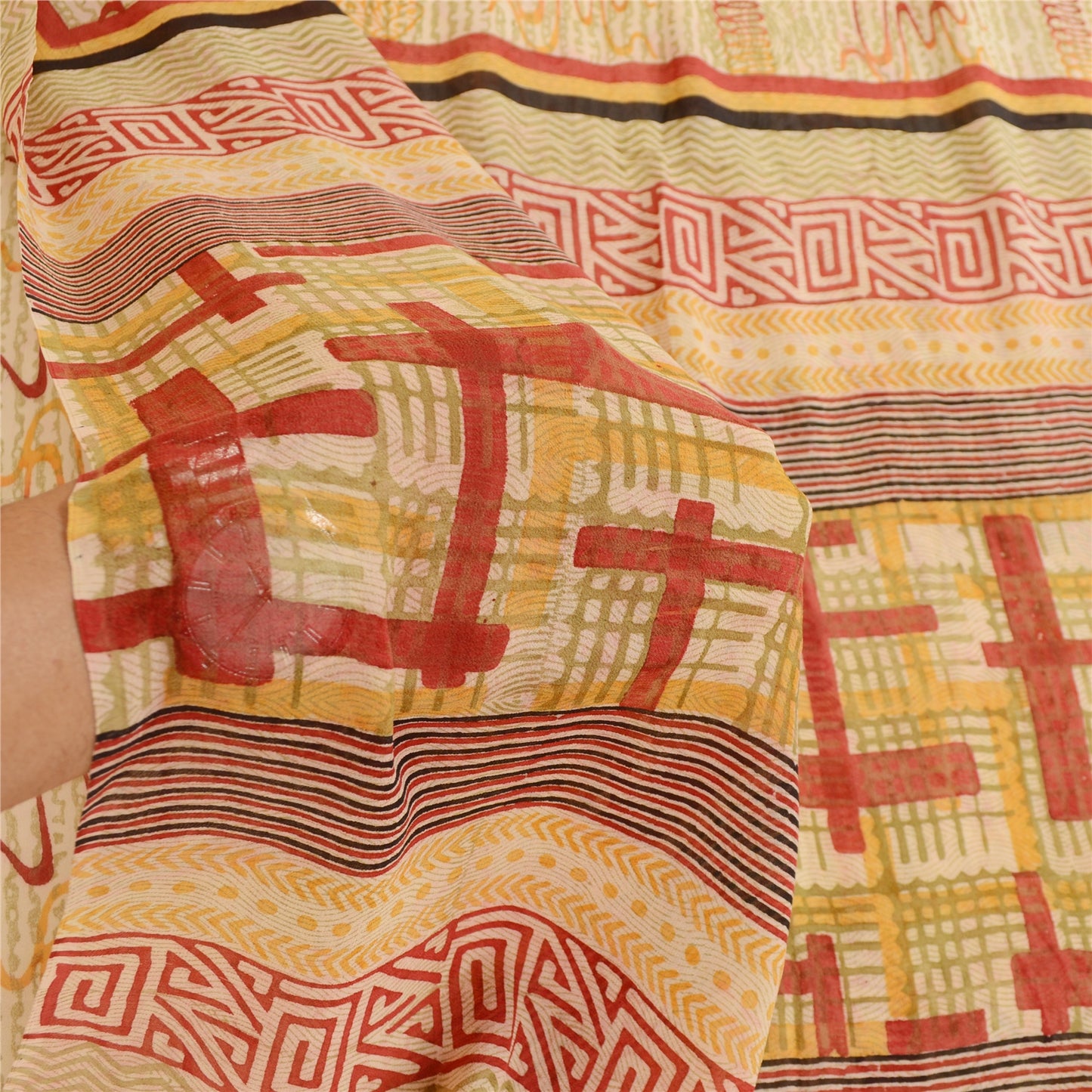 Sanskriti Vintage Sarees Cream Pure Georgette Silk Printed Sari 5yd Craft Sustainable Fabric