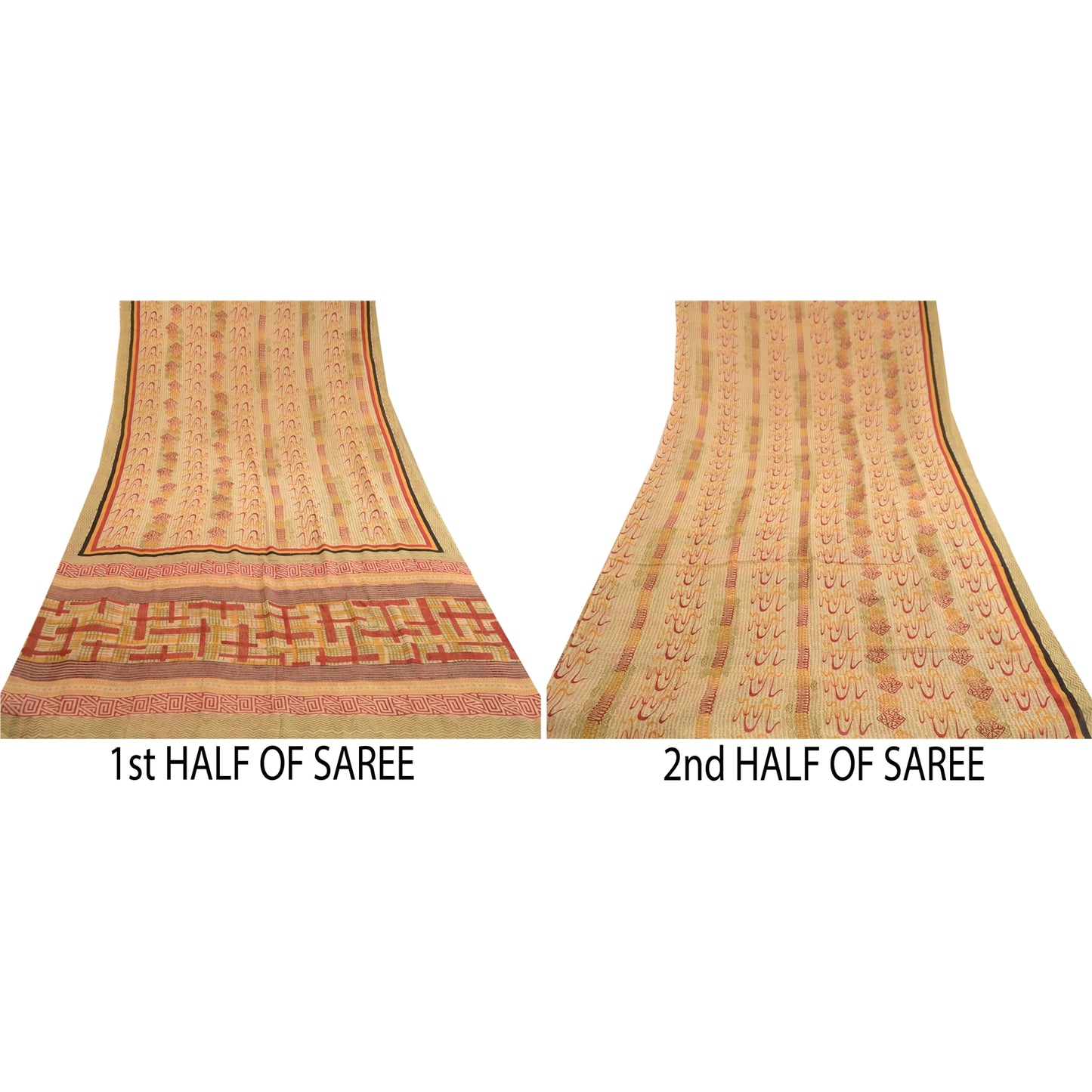 Sanskriti Vintage Sarees Cream Pure Georgette Silk Printed Sari 5yd Craft Sustainable Fabric