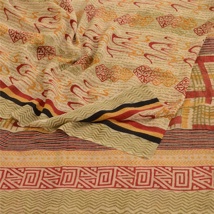 Sanskriti Vintage Sarees Cream Pure Georgette Silk Printed Sari 5yd Craft Sustainable Fabric