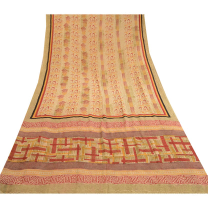 Sanskriti Vintage Sarees Cream Pure Georgette Silk Printed Sari 5yd Craft Sustainable Fabric