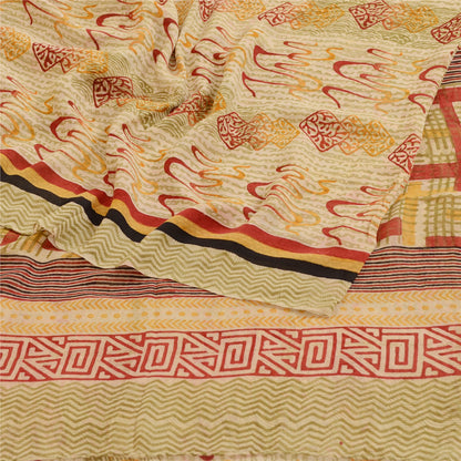Sanskriti Vintage Sarees Cream Pure Georgette Silk Printed Sari 5yd Craft Sustainable Fabric