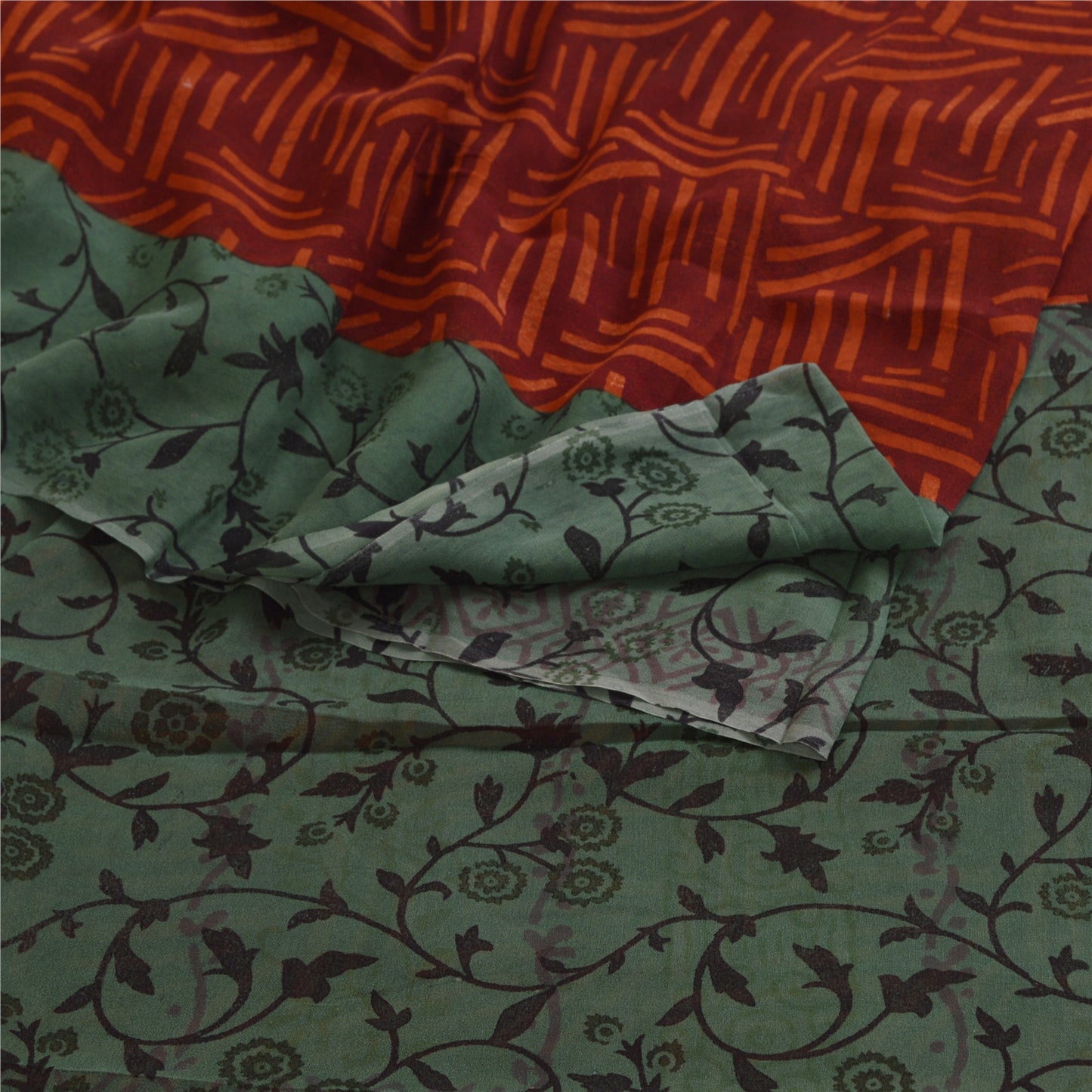 Sanskriti Vintage Sarees Orange Pure Georgette Silk Printed Sari Craft Sustainable Fabric