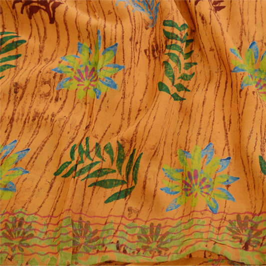 Sanskriti Vintage Sarees Mustard Pure Georgette Silk Printed Sari Craft Sustainable Fabric