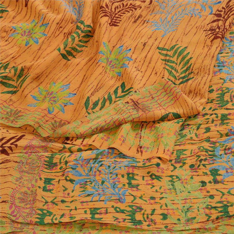 Sanskriti Vintage Sarees Mustard Pure Georgette Silk Printed Sari Craft Sustainable Fabric