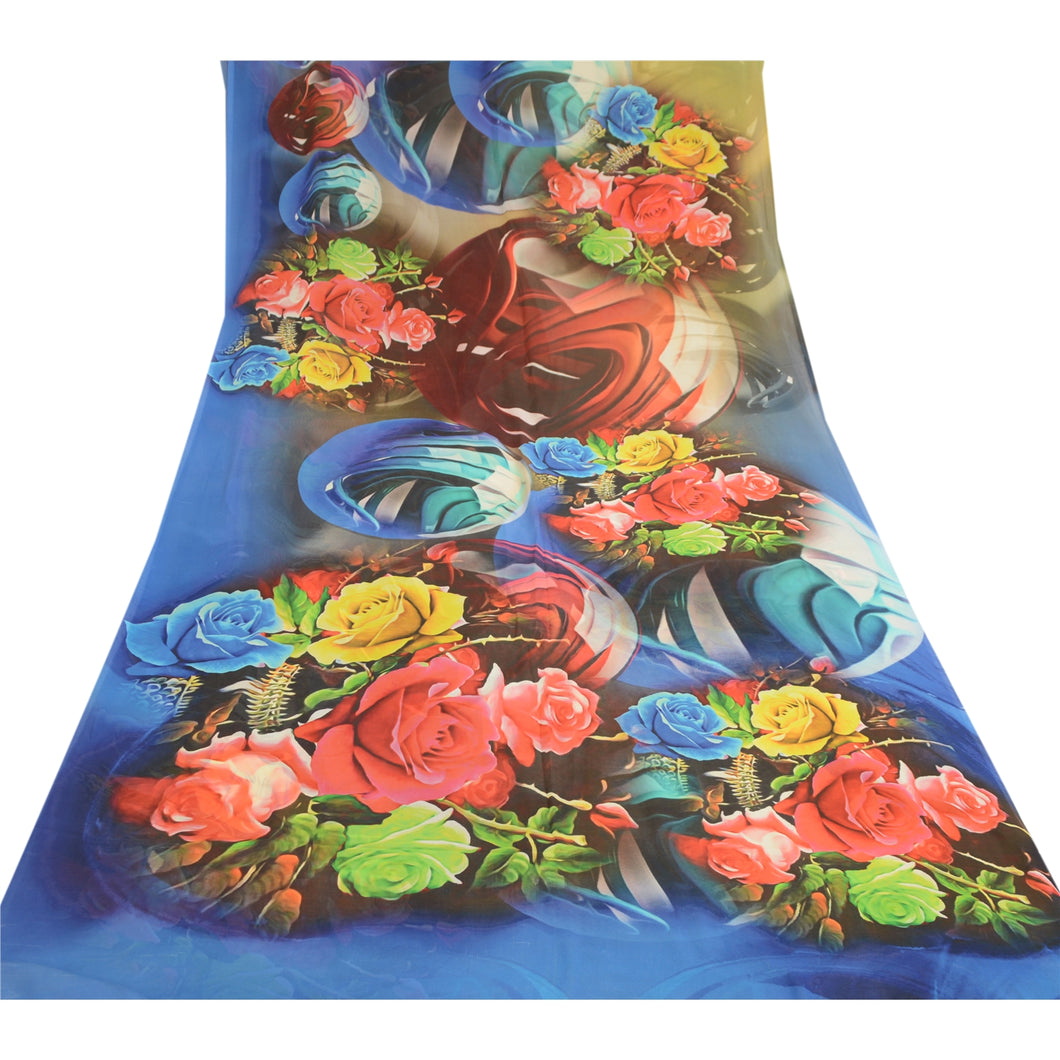 Sanskriti Vintage Sarees Blue Georgette Digital Printed Sari 5yd Craft Fabric