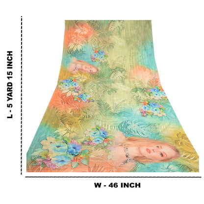 Sanskriti Vintage Sarees Green Digital Women Printed Georgette Sari Craft Sustainable Fabric