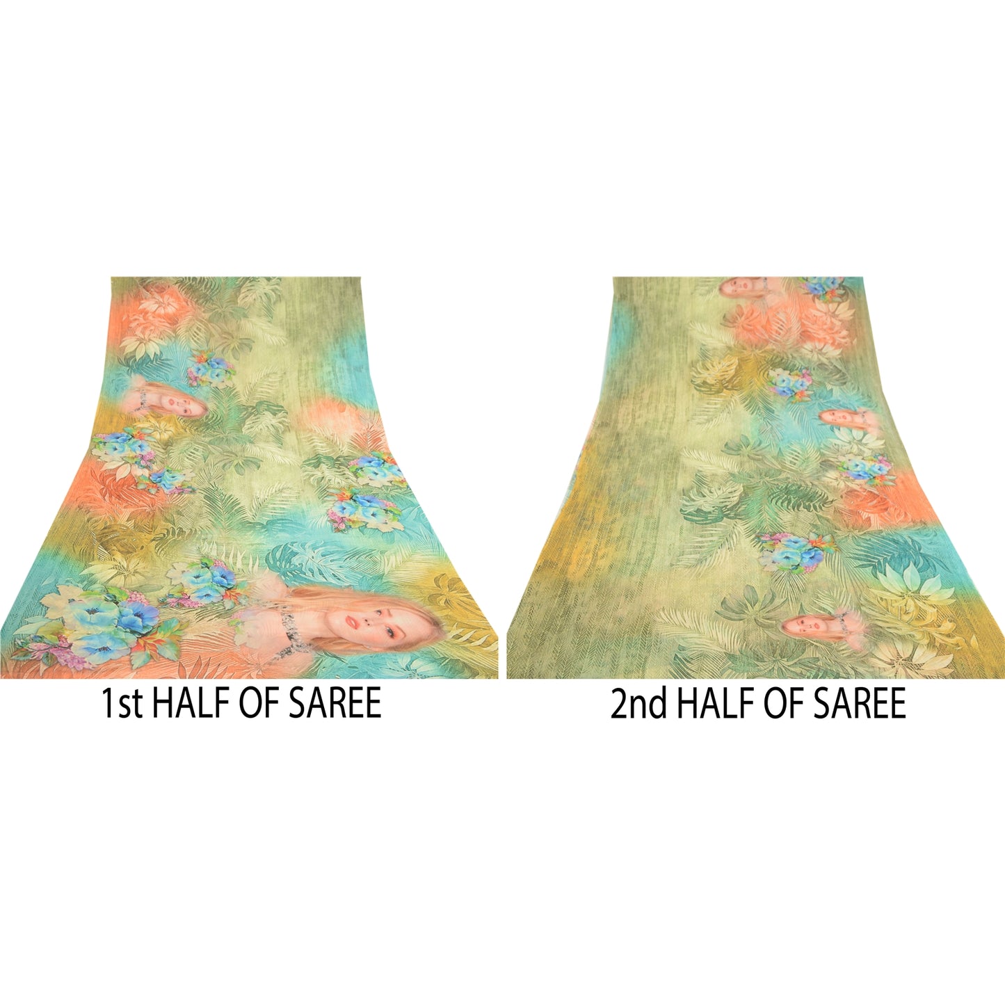 Sanskriti Vintage Sarees Green Digital Women Printed Georgette Sari Craft Sustainable Fabric