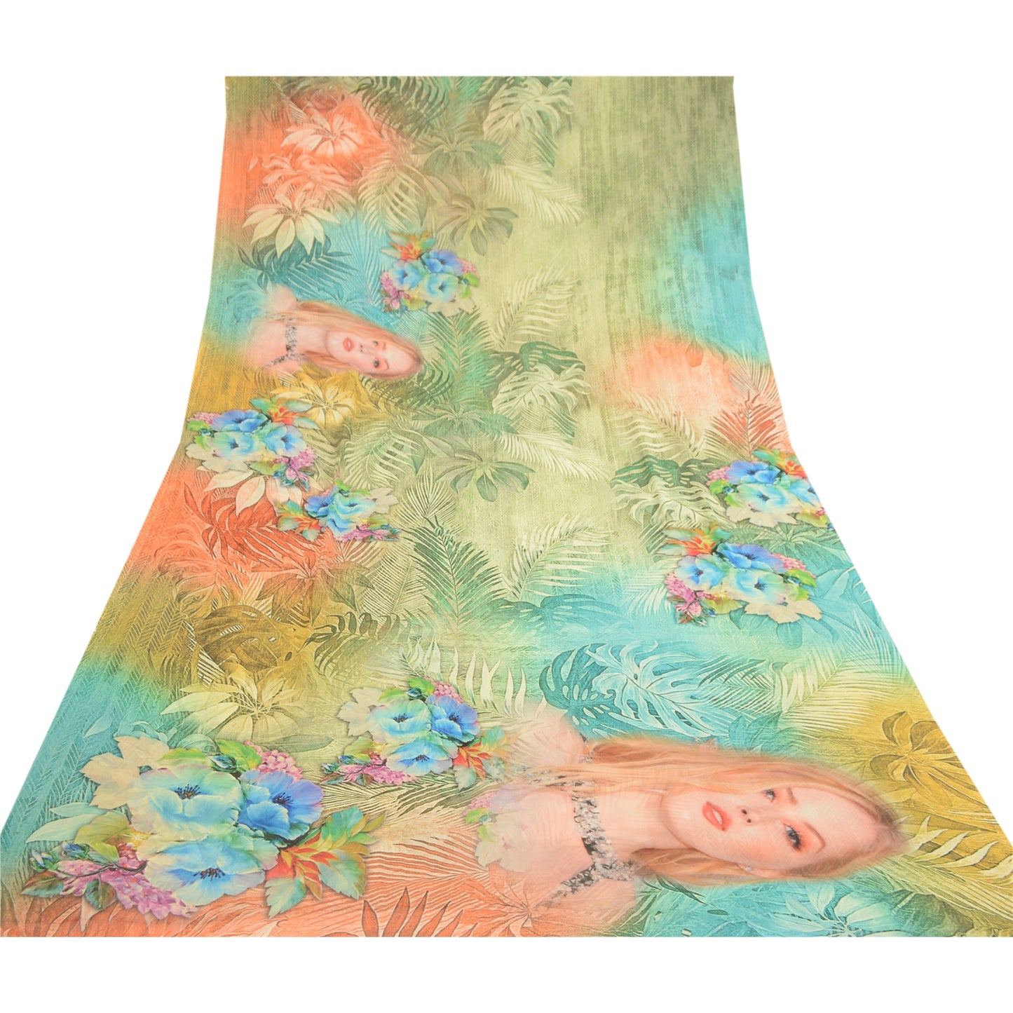 Sanskriti Vintage Sarees Green Digital Women Printed Georgette Sari Craft Sustainable Fabric