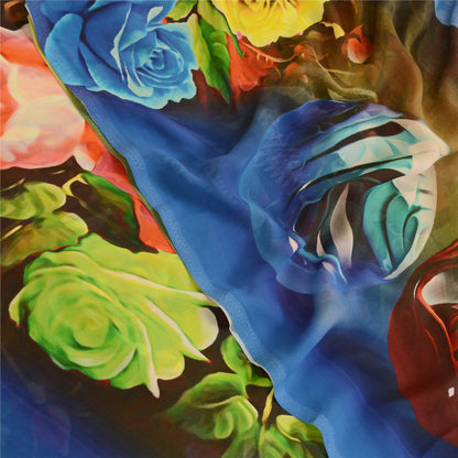 Sanskriti Vintage Sarees Blue Digital Printed Georgette Sari Floral Craft Sustainable Fabric