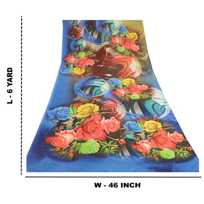 Sanskriti Vintage Sarees Blue Digital Printed Georgette Sari Floral Craft Sustainable Fabric