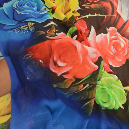 Sanskriti Vintage Sarees Blue Digital Printed Georgette Sari Floral Craft Sustainable Fabric