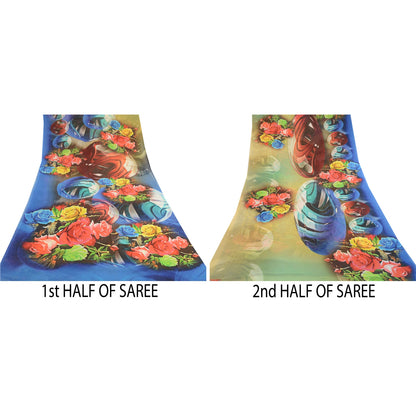 Sanskriti Vintage Sarees Blue Digital Printed Georgette Sari Floral Craft Sustainable Fabric