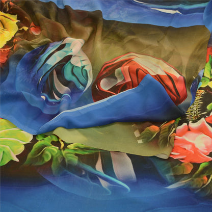 Sanskriti Vintage Sarees Blue Digital Printed Georgette Sari Floral Craft Sustainable Fabric