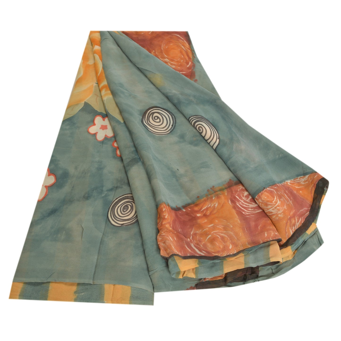 Sanskriti Vintage Sarees Gray Pure Georgette Silk Printed Sari 5yd Craft Sustainable Fabric