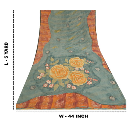 Sanskriti Vintage Sarees Gray Pure Georgette Silk Printed Sari 5yd Craft Sustainable Fabric