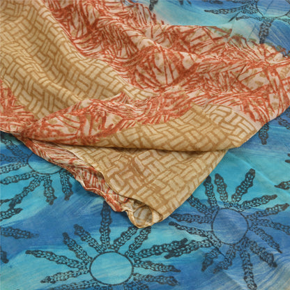 Sanskriti Vintage Sari Blend Georgette Fabric: Red & Blue Floral Printed, 5 Yard Home Decor, Women Floral Outfit, Bohomian Silk Scrap