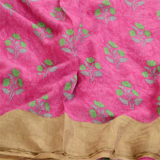 Sanskriti Vintage Sarees Pink Chiffon Printed Zari Border Sari 5yd Craft Sustainable Fabric