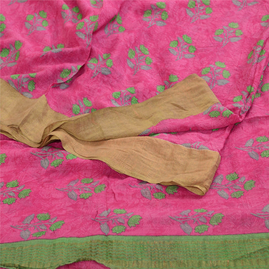 Sanskriti Vintage Sarees Pink Chiffon Printed Zari Border Sari 5yd Craft Sustainable Fabric