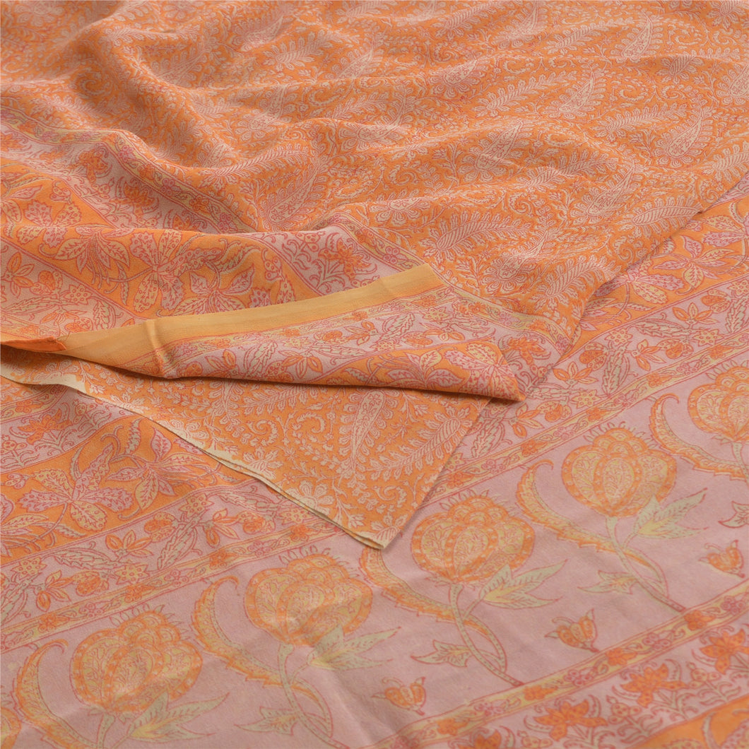 Sanskriti Vintage Sarees Peach Pure Georgette Silk Printed Sari 5yd Craft Fabric