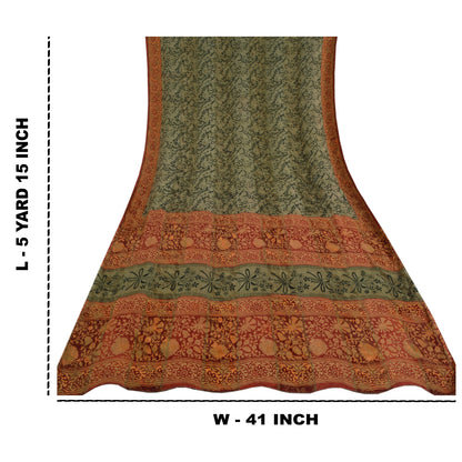 Sanskriti Vintage Sarees Green Pure Georgette Silk Printed Sari 5yd Craft Sustainable Fabric