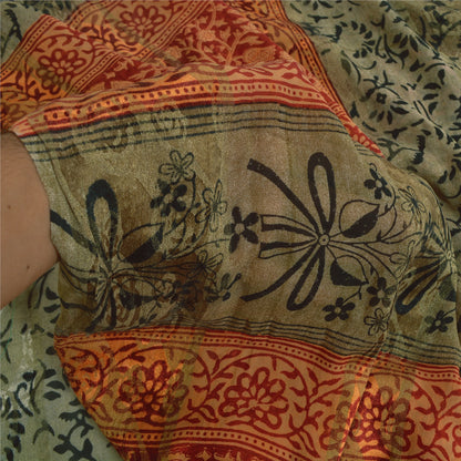 Sanskriti Vintage Sarees Green Pure Georgette Silk Printed Sari 5yd Craft Sustainable Fabric