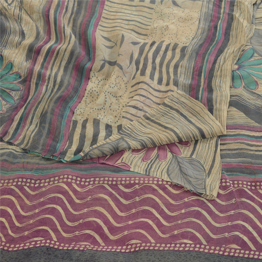 Sanskriti Vintage Sarees Pale Cream Pure Georgette Silk Print Sari Craft Sustainable Fabric