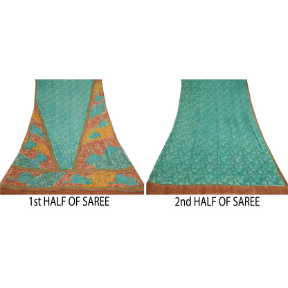 Sanskriti Vintage Sarees Green Pure Geogette Silk Printed Sari 5yd Craft Sustainable Fabric