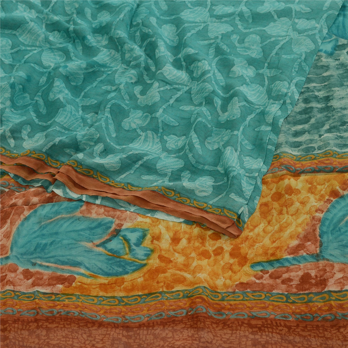 Sanskriti Vintage Sarees Green Pure Geogette Silk Printed Sari 5yd Craft Sustainable Fabric