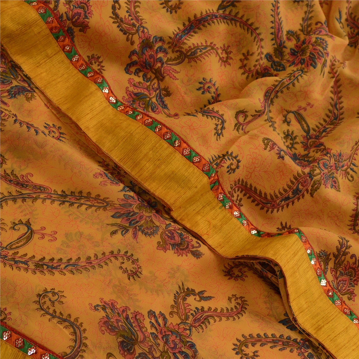 Sanskriti Vintage Sarees Mustard Blend Georgette Printed Sari 5yd Craft Sustainable Fabric