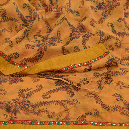 Sanskriti Vintage Sarees Mustard Blend Georgette Printed Sari 5yd Craft Sustainable Fabric