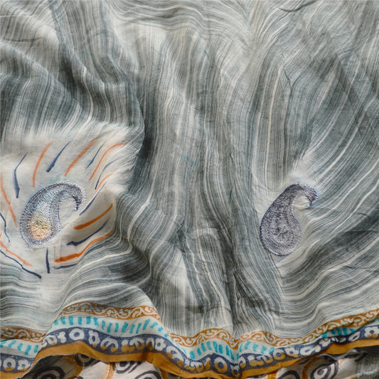 Sanskriti Vintage Sarees Grey Embroidery Printed Pure Gerogette Silk Sari Sustainable Fabric