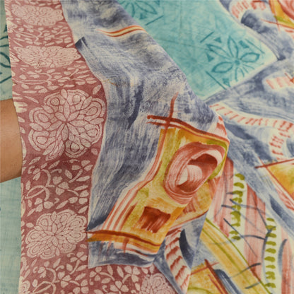 Sanskriti Vintage Sarees Sea-Green Pure Georgette Silk Printed Sari Craft Sustainable Fabric