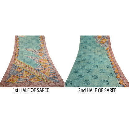 Sanskriti Vintage Sarees Sea-Green Pure Georgette Silk Printed Sari Craft Sustainable Fabric