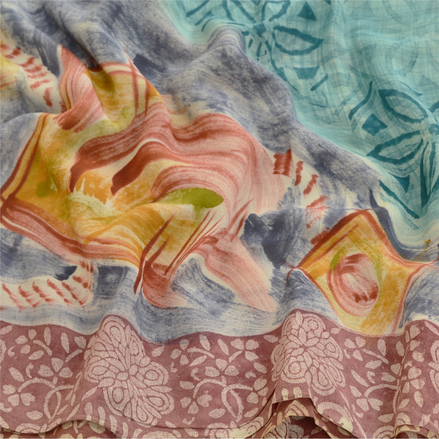 Sanskriti Vintage Sarees Sea-Green Pure Georgette Silk Printed Sari Craft Sustainable Fabric