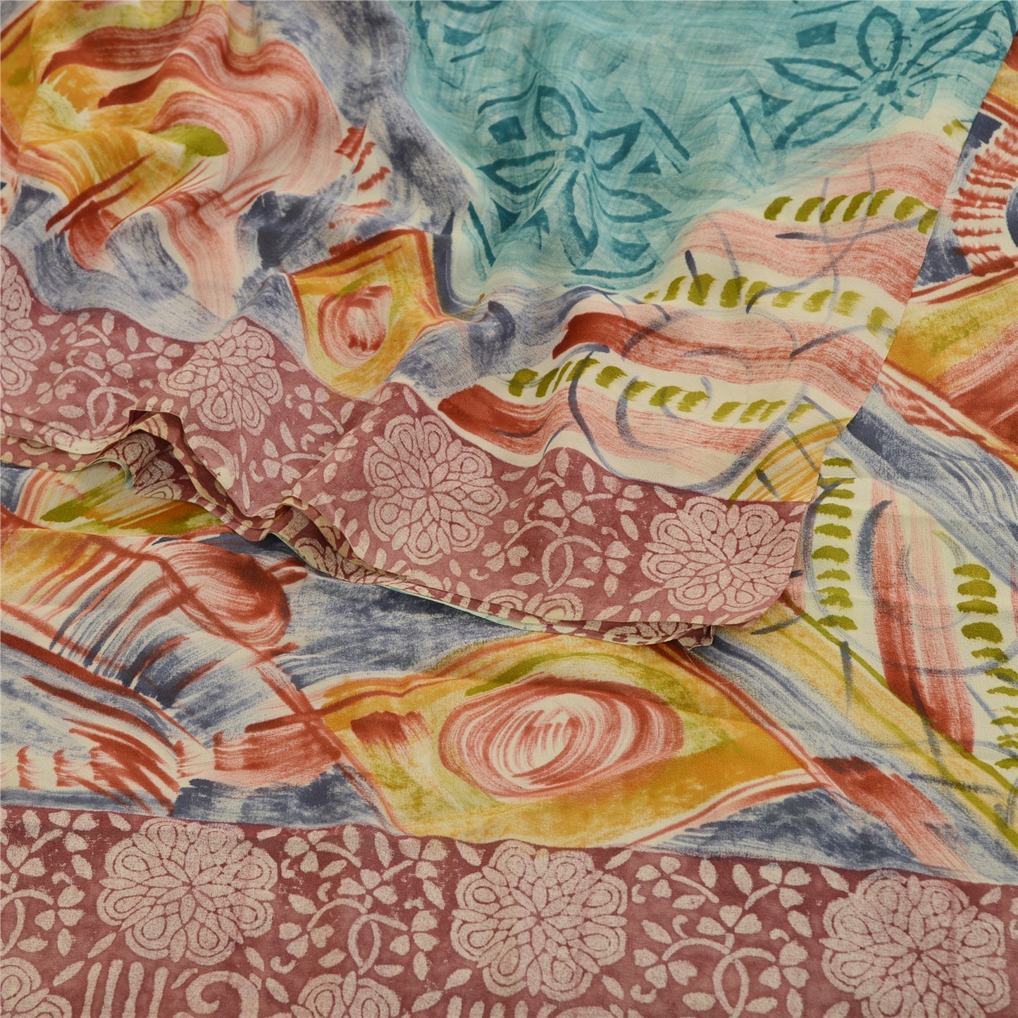 Sanskriti Vintage Sarees Sea-Green Pure Georgette Silk Printed Sari Craft Sustainable Fabric