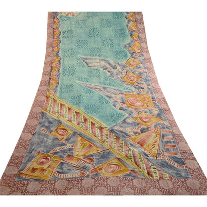 Sanskriti Vintage Sarees Sea-Green Pure Georgette Silk Printed Sari Craft Sustainable Fabric