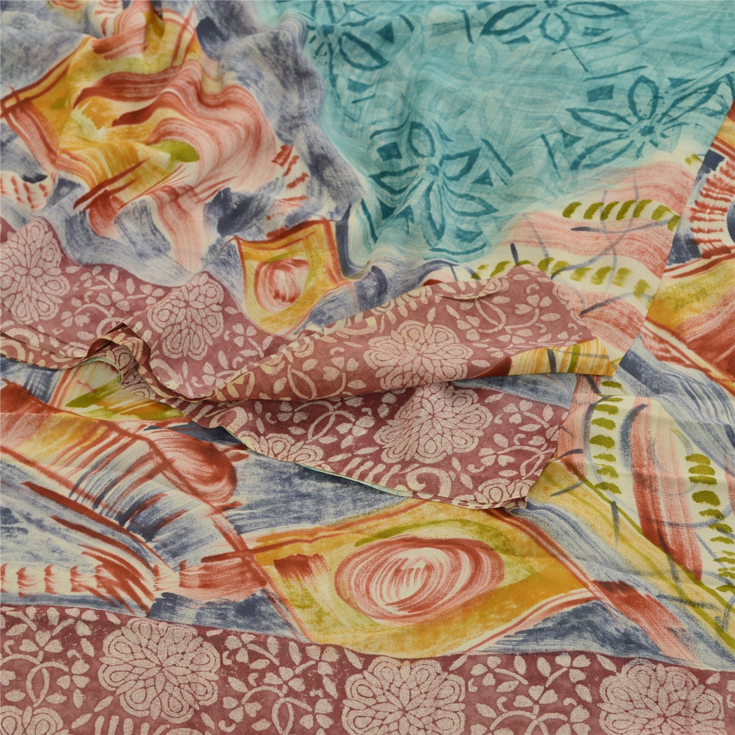 Sanskriti Vintage Sarees Sea-Green Pure Georgette Silk Printed Sari Craft Sustainable Fabric