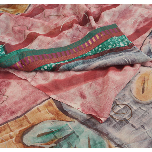 Санскрити Винтаж Печатный Жоржет Смесовый Сари Многоцветный Сари Ремесло Экологичная Ткань