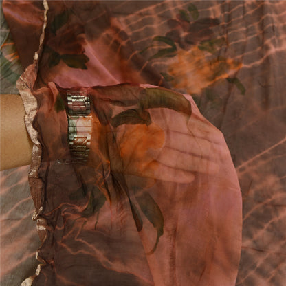 Сари в винтажном стиле на санскрите с рисунком в технике тай-дай из коричневого смесового жоржета с принтом для сари из экологически чистой ткани