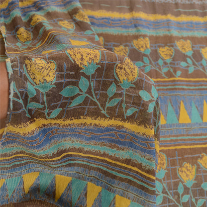 Sanskriti Vintage Sarees Brown Pure Geogette Silk Woven Printed Sari Soft Sustainable Fabric
