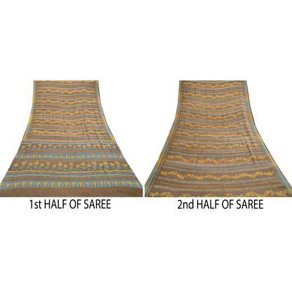 Sanskriti Vintage Sarees Brown Pure Geogette Silk Woven Printed Sari Soft Sustainable Fabric