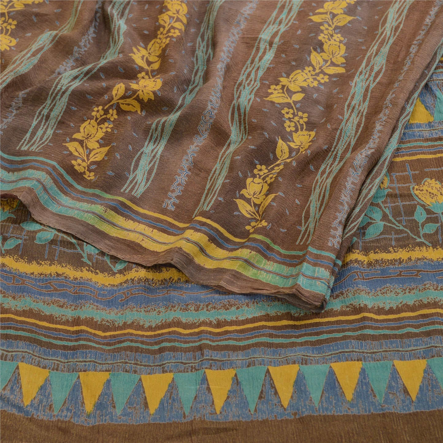 Sanskriti Vintage Sarees Brown Pure Geogette Silk Woven Printed Sari Soft Sustainable Fabric