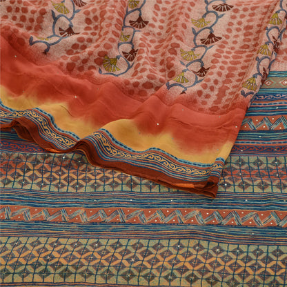 Sanskriti Vintage Sarees Pink 100% Pure Geogette Silk Printed Sari Craft Sustainable Fabric